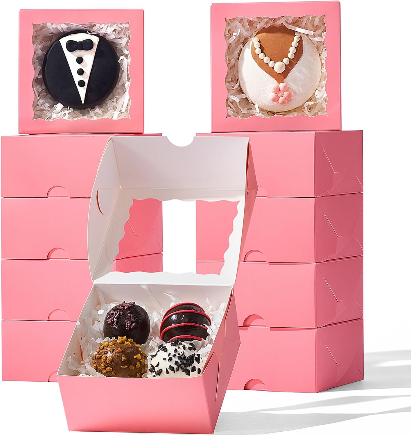 100-Pack 4x4x2 Pink Bakery Boxes - Treat/Cookie/Truffle Boxes for Mini Cakes, Pies & Cinnamon Rolls - Wedding Party Favor Packaging