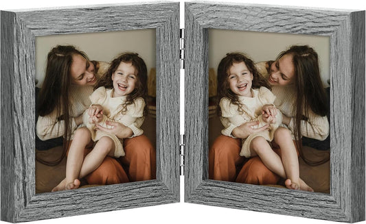 decorUhome Double 4x4 Picture Frame Vertical, Engineered Wood Bifold Photo Frame with Plexiglass for Tabletop Display, 4x4, Grey