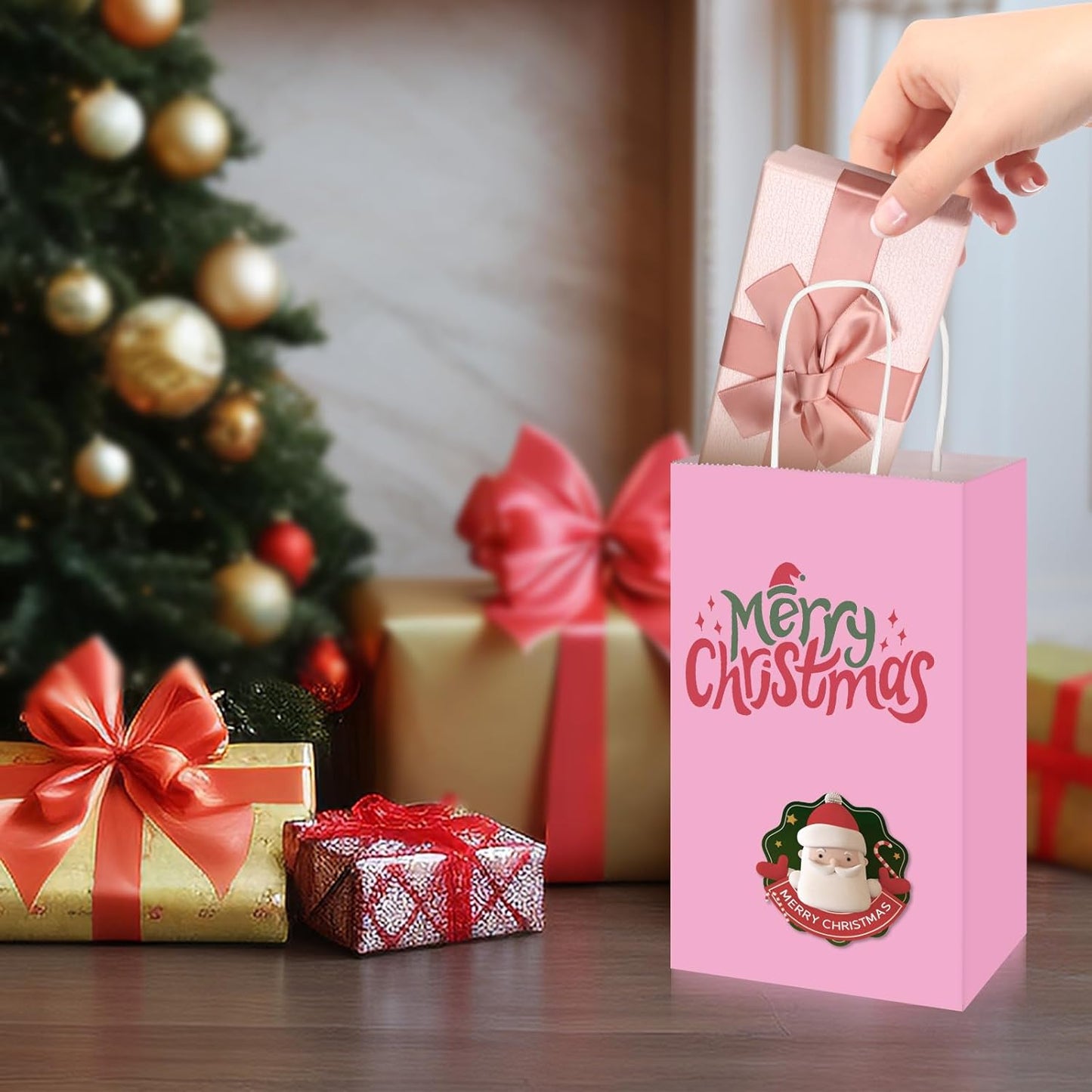 Toovip 50 Pack 5.25x3.25x8.25 Inch Small Light Pink Kraft Paper Bags with Handles Bulk, Gift Wrap Bags for Favors Grocery Retail Party Birthday Shopping Business Goody Craft Merchandise Take Out Sacks