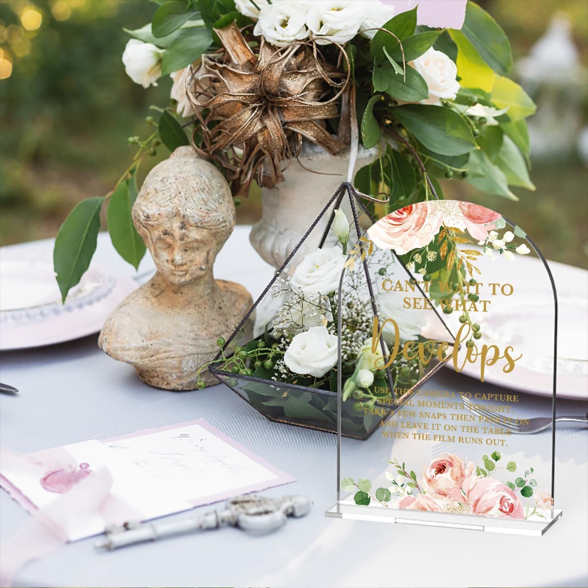 Acrylic Wedding Signs, Bridal Shower Decorations, Modern Calligraphy Arch Acrylic Table Top Sign for Wedding Reception and Engagement Parties - Can't Wait to See What Develops (Clear Pink Flowers)