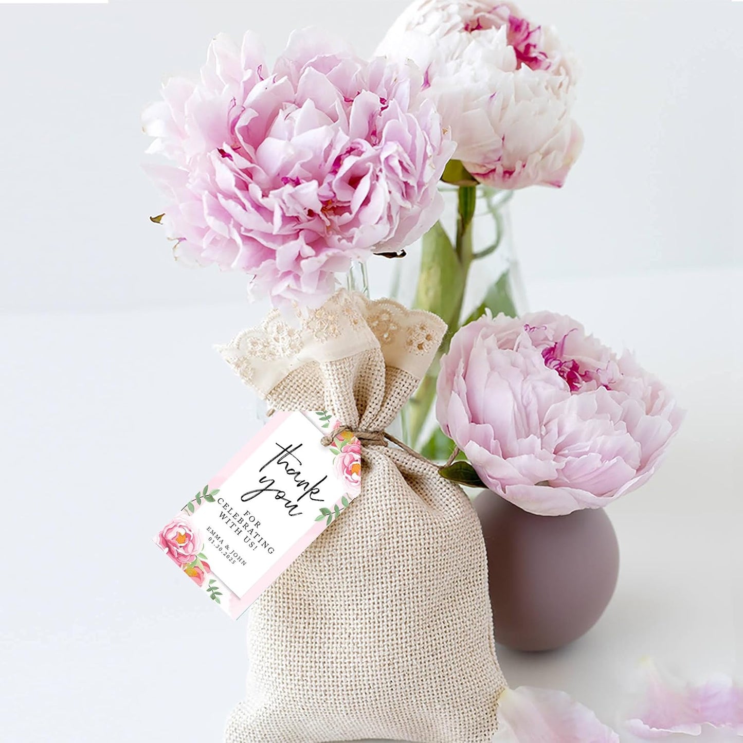 Andaz Press 100-Pack Personalized Thank You Tags with Bakers Twine, Pink Peonies Custom Cardstock Wedding Gift Tags 2 x 3.75-Inches