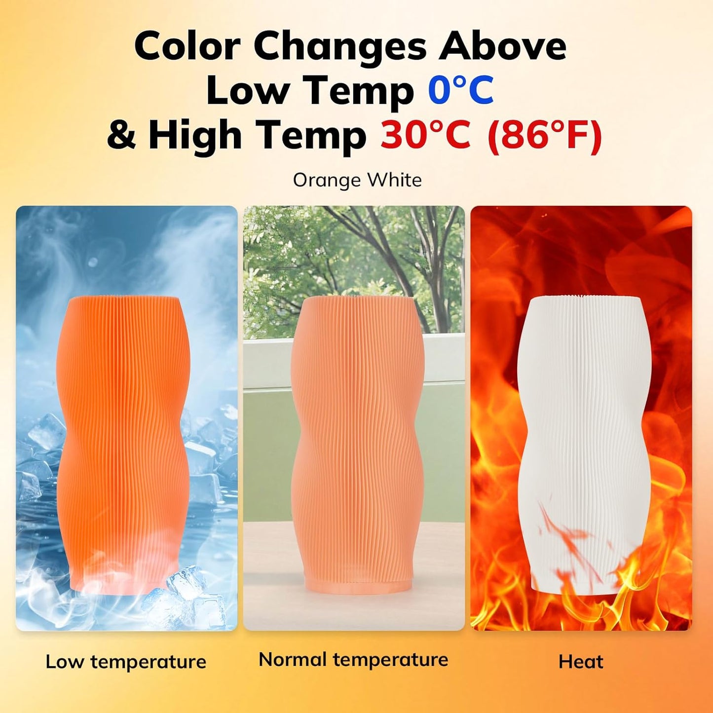 AMOLEN 3D Printer Filament, Temp Change Orange to White PLA Filament 1.75mm, Cold & Heat Temp Color Change with Temperature Filament, Dimensional Accuracy +/- 0.02mm, 1KG/2.2lb, Fits Most FDM Printers