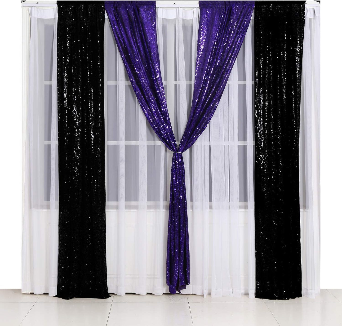Poise3EHome 2ft x 8ft Purple Sequin Photography Backdrop Curtain 2 Panels for Party Decoration, Purple