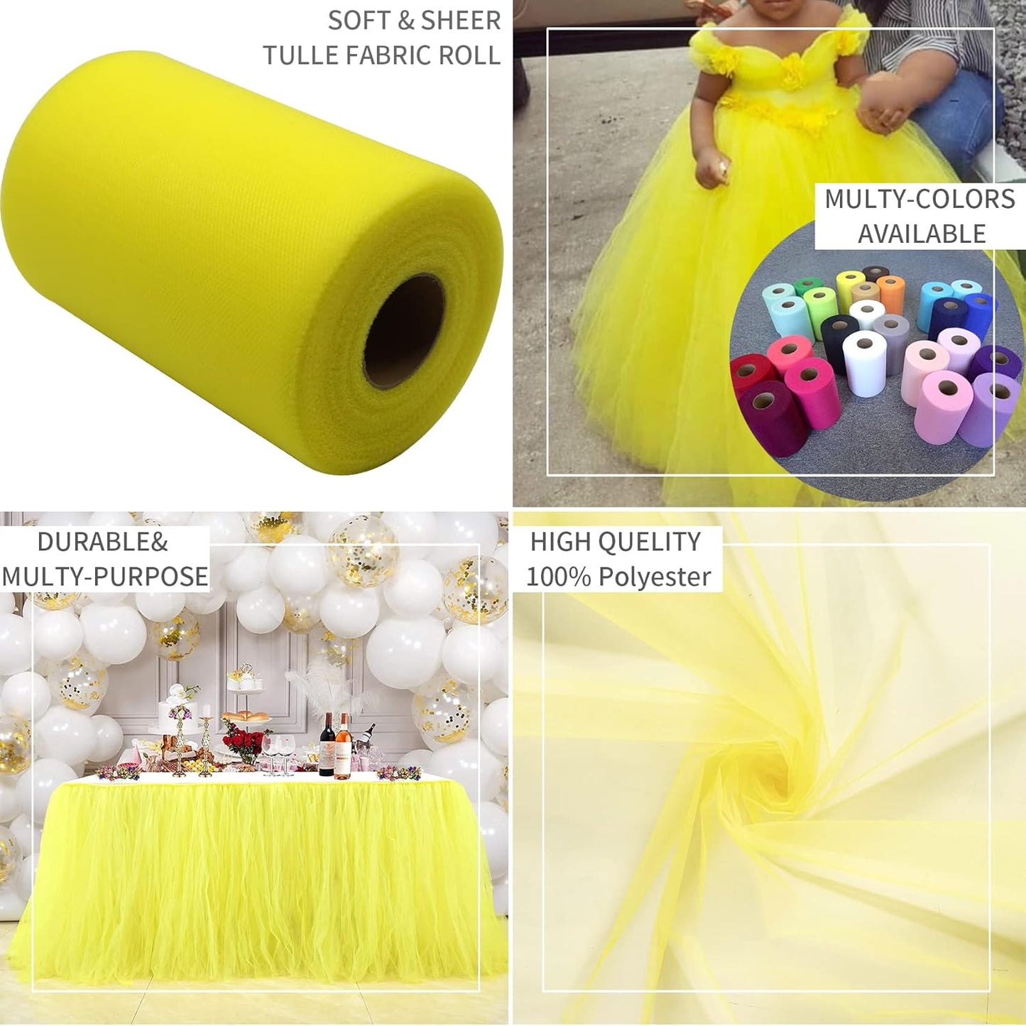 Yellow Tulle Fabric Rolls 6 Inch by 200 Yards (600 feet) Fabric Spool Tulle Ribbon for DIY Yellow Tutu Bow Baby Shower Birthday Party Wedding Decorations Craft Supplies