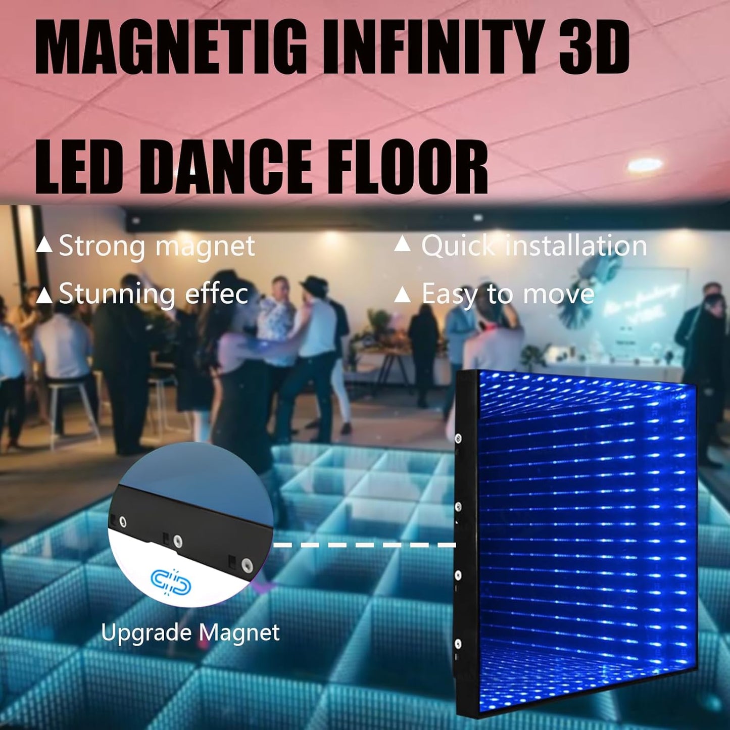 Dance Floor Stage Lights Tempered Glass Infinity Mirror Panel 3D Effect Led Dance Floor for Wedding Party Customizable (3D-Magnetic, 81PCS(14.8FTX14.8FT))