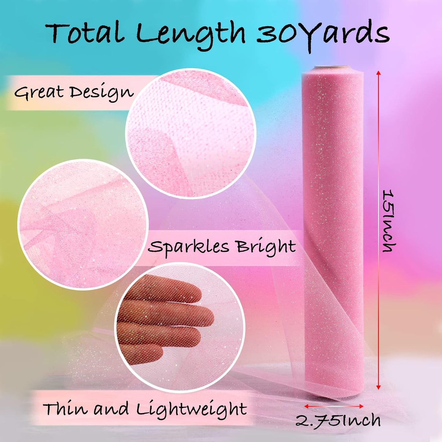 ICOSHOW Sparkling Tulle Rolls, 15” by 30 Yards (90FT) Glitter Tulle Spool Ribbon Fabric for Wedding Birthday Bridal Shower Tutu Skirt Party Gift Wrapping (Pink)