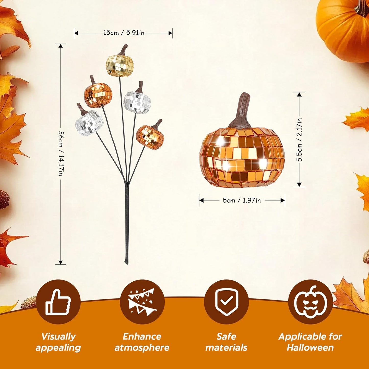 20Pcs Disco Halloween Decor, Disco Pumpkin Table Decoration, 14 Inch Artificial Glitter Mirror Pumpkin Sticks Ornament Halloween Thanksgiving Branches for Table Centerpiece Party Decor