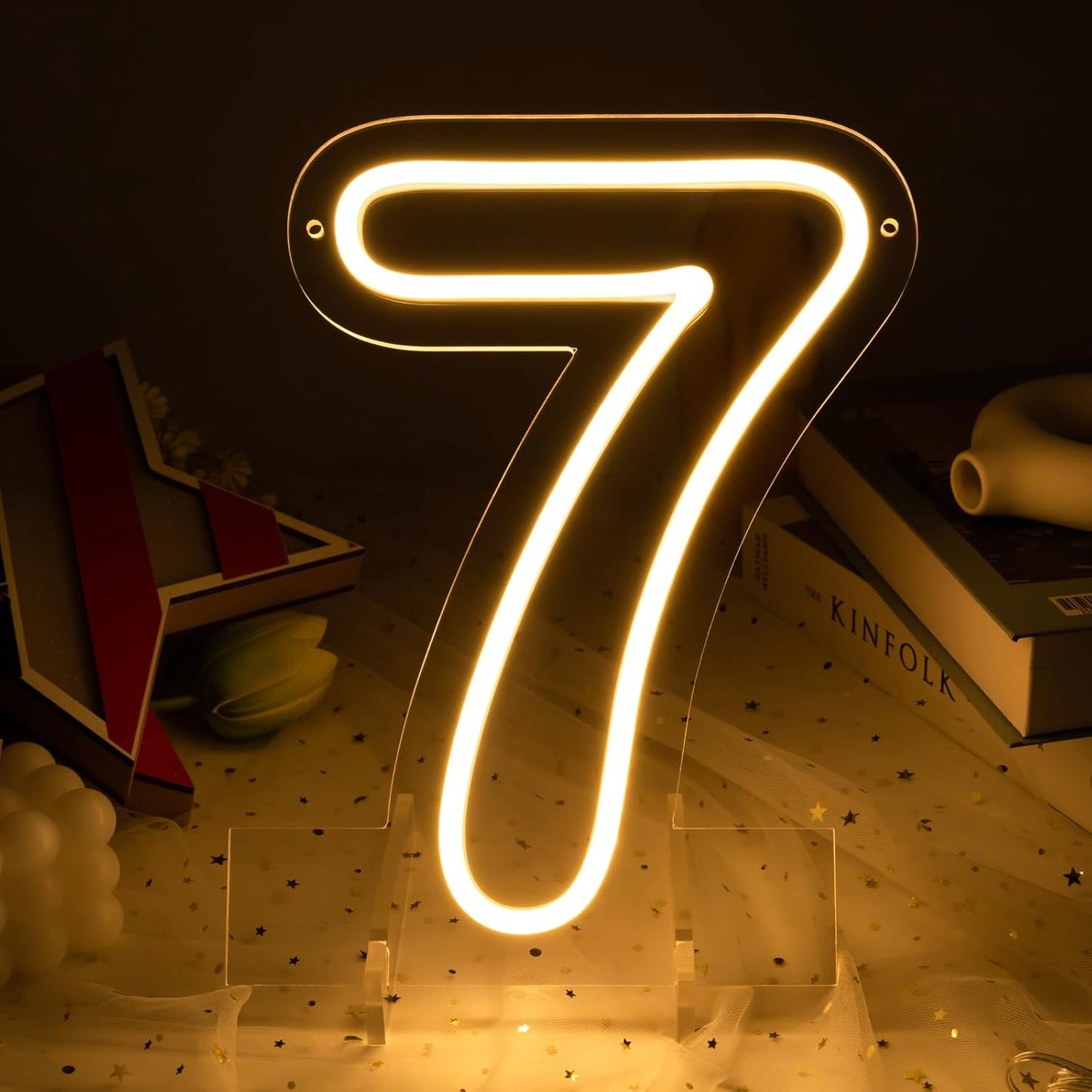 Number 7 LED Neon Sign Backdrop Birthday Party Decoration, 11.3" Height Warm White Marquee Numbers Seven Light Up Sign for Wedding Anniversary Window Wall Table, Indoor Battery Operated or USB