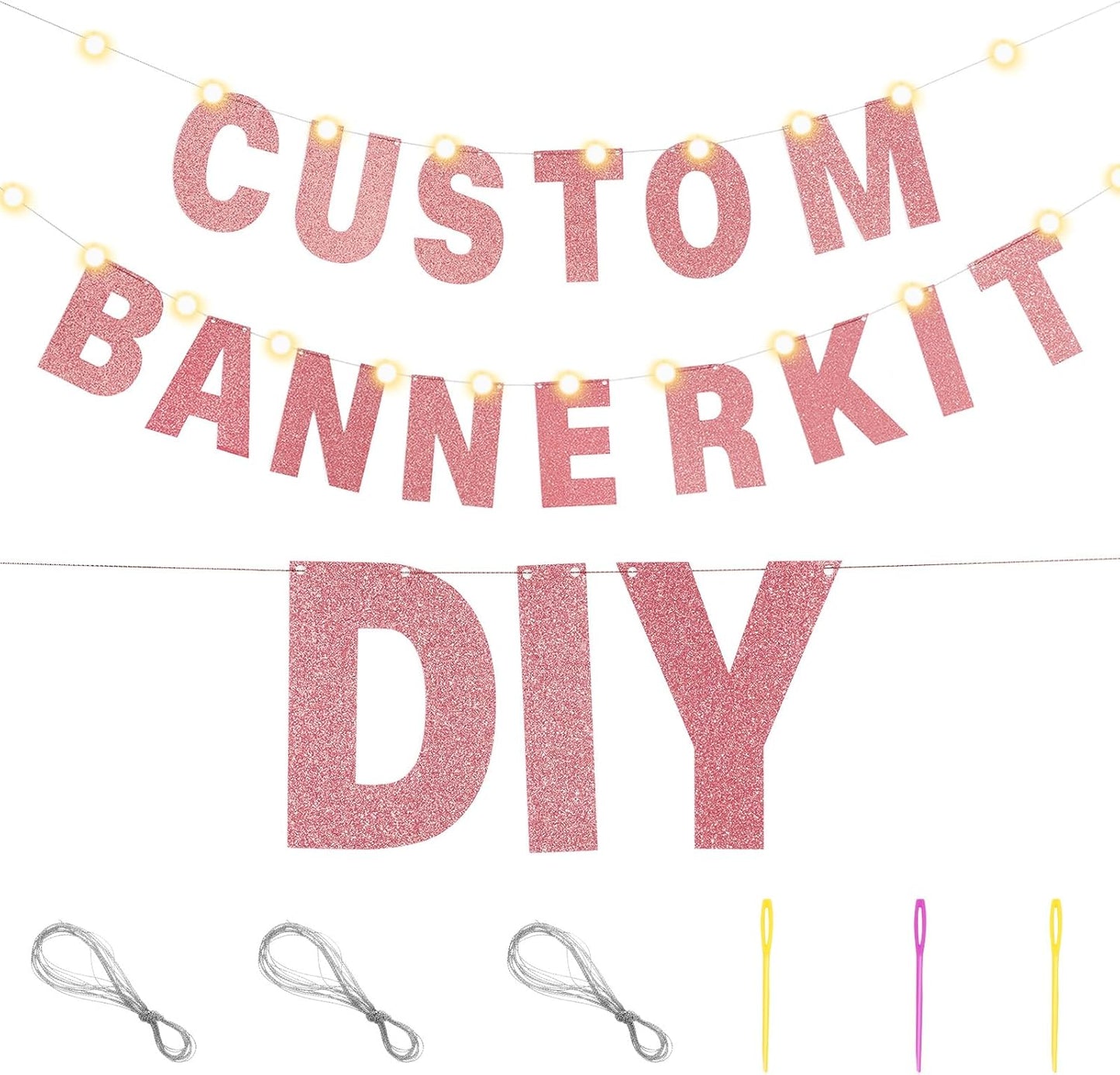 TaoBary 112 Pcs DIY Letter Kit Glitter Customizable Banner Letters Include 107 Letters and Numbers 3 Rope and 2 Needles for Birthday Halloween Christmas Wedding Valentine Party Decor(Rose Gold)