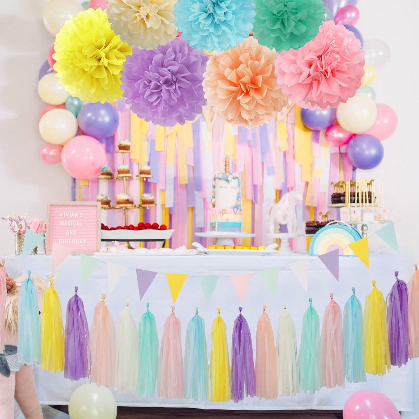 Pastel Rainbow Party-Decorations Supplies Streamers-Garland - 29pcs Baby Shower Birthday Wedding Tissue Pom Poms,Tassel Banner Backdrop Decor Bunting Lasting Surprise