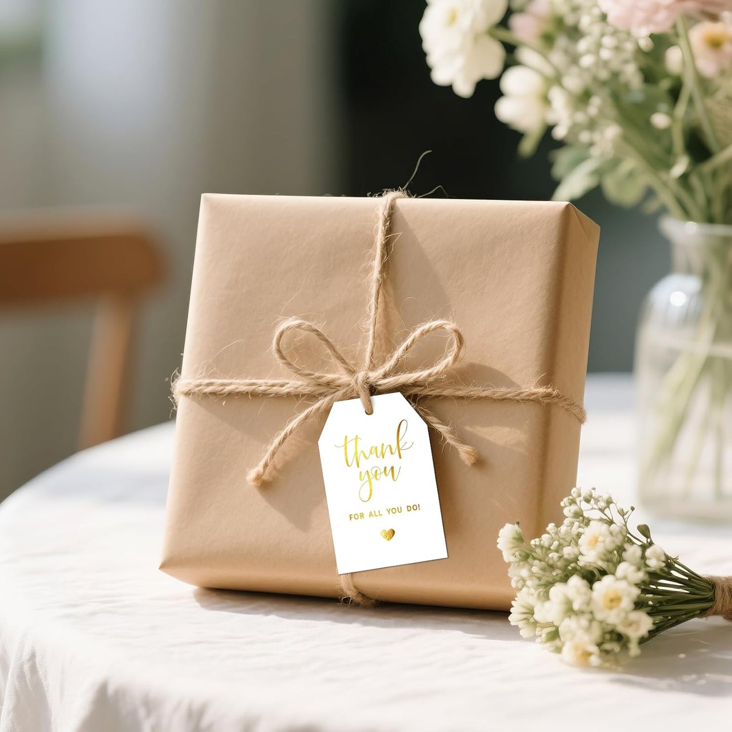 joycraft Thank You for All You Do Tags - 50Pcs Gold Foil Thank You Gift Tags with String, 3.3x2.2in Paper Gift Wrap Hangtags for Wedding, Teacher Appreciation, Mother's Day Thanksgiving, Christmas