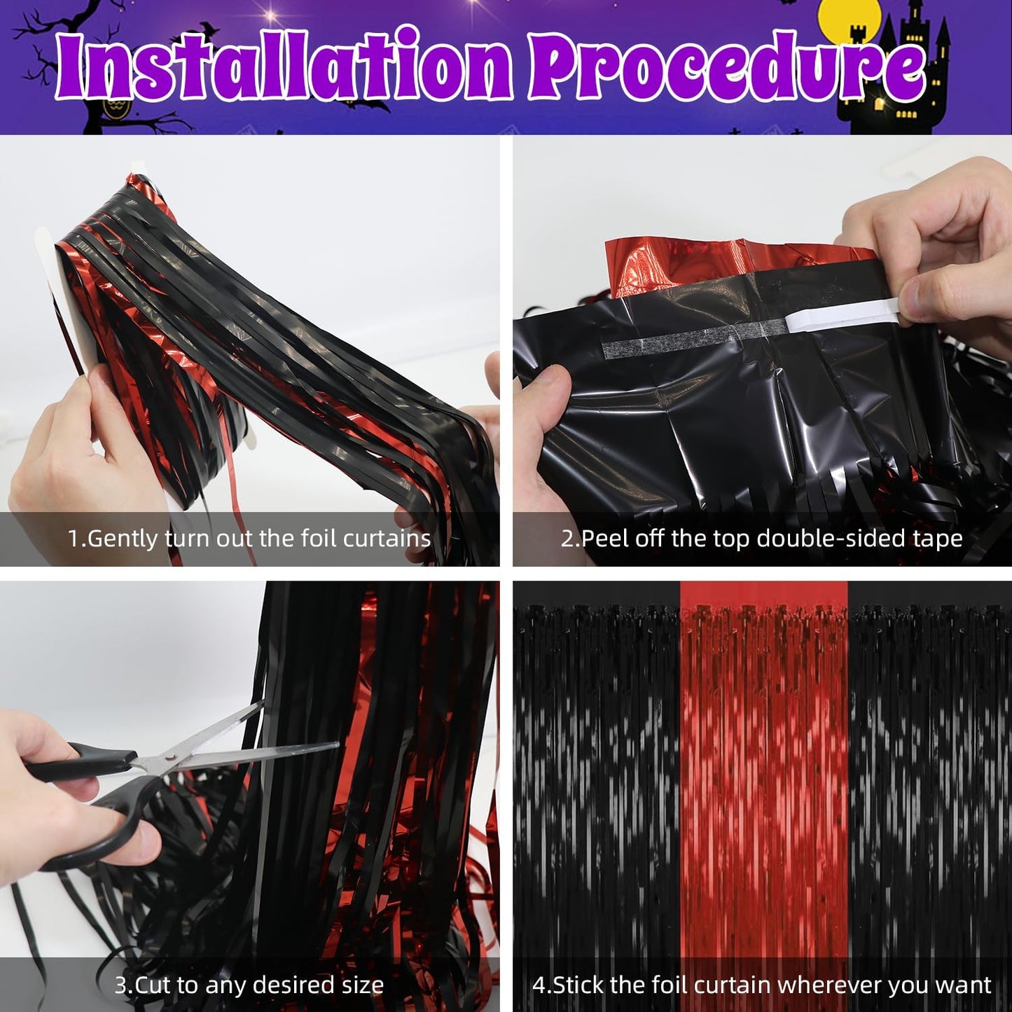 4 Pack Backdrop Curtains,3.28 Ft x 6.56 FT Red Black Halloween Backdrop,Metallic Party Streamer Tinsel Backdrop,Foil Curtains Backdrop Halloween Decorations Party Supplies