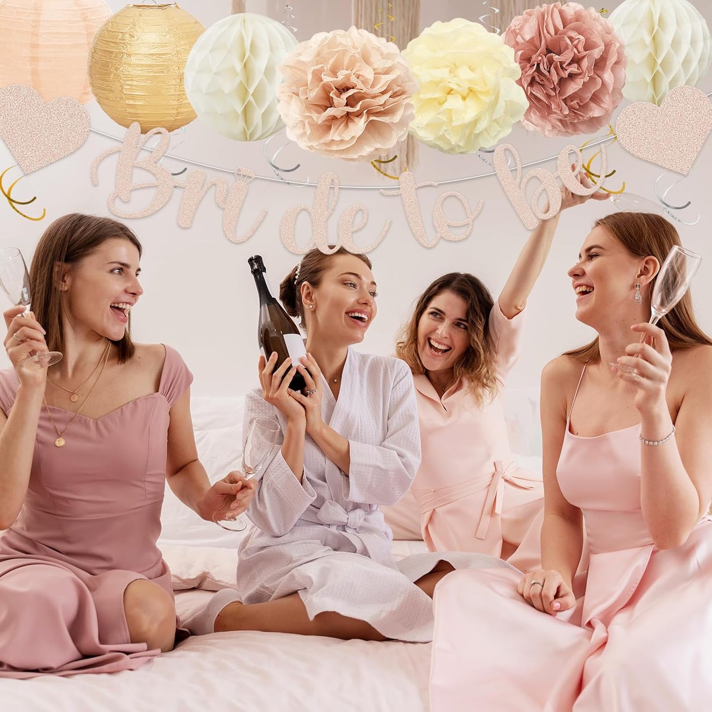 Whaline 22Pcs Boho Champagne Gold Pink Bachelorette Party Decoration Bride to Be Banner Hanging Lanterns Paper Fans Pom Poms Tassel Garlands for Wedding Bridal Shower Backdrop