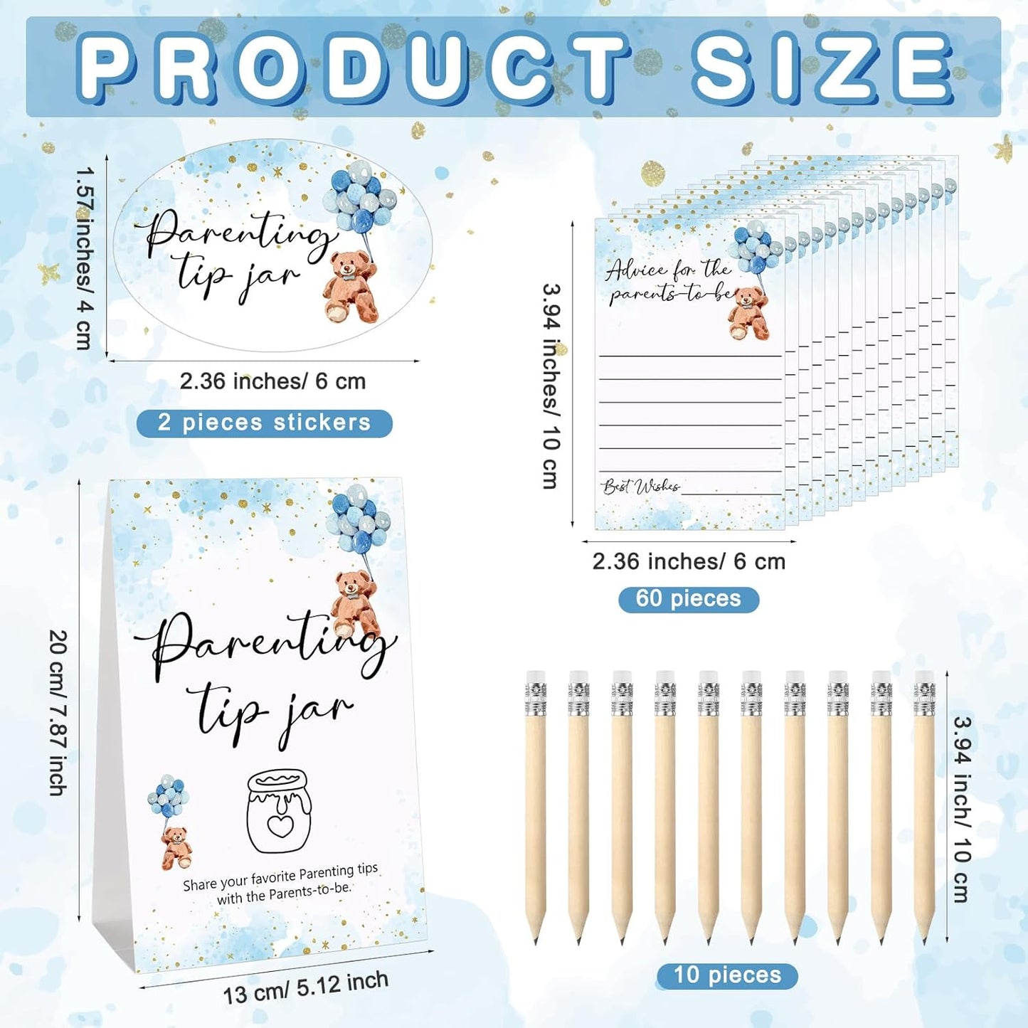 Roowest Baby Shower to Baby Advice Cards for New Parents to Be - Tip Jar Sign for New Parents 60 Parenting Advice Cards 10 HB Pencils 2 Cute Stickers 1 Pet Bottle for Guests Games(Blue Bear)