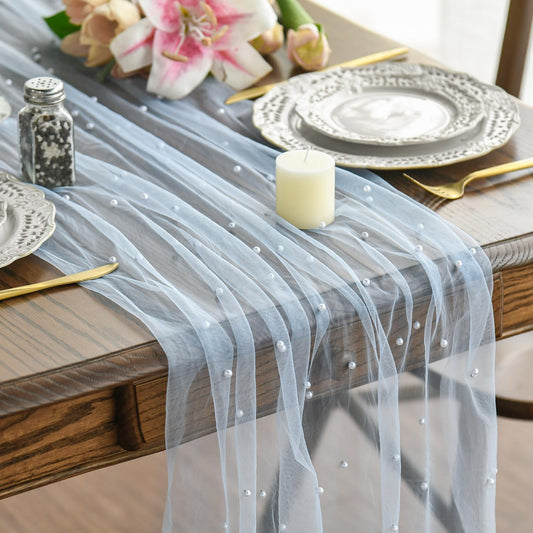 Artoid Mode Pearl Blue Gauze Table Runner 59x120 Inch , Seasonal Sheer Kitchen Dining Holiday Wedding Birthday Baby Shower Table Decor for Home Party
