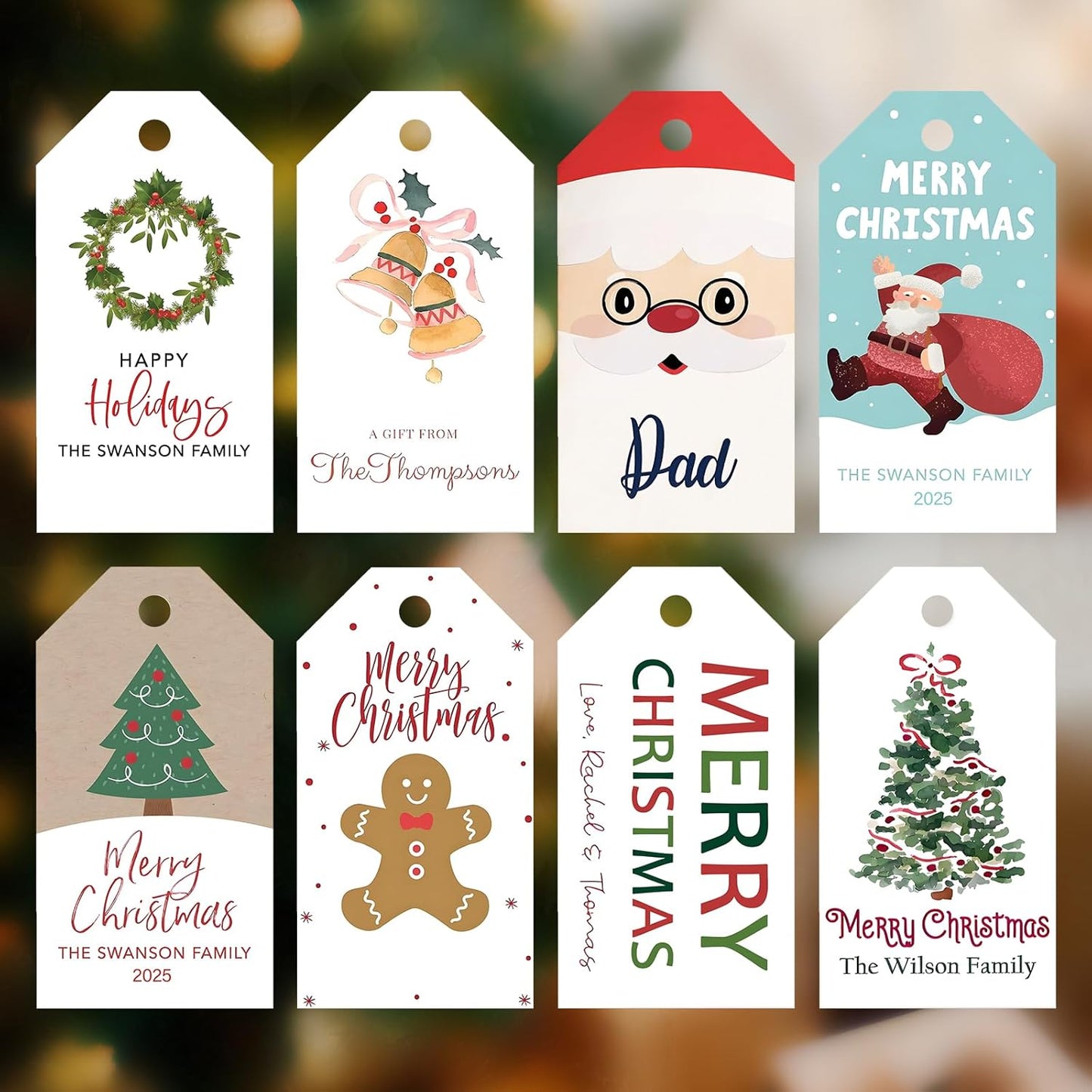 50pcs Custom Merry Christmas Gift Tags Personalized with Your Family Name and Year, Unique Santa Christmas Tree Design Hangtag Party Decorations (Rectangle Tag)