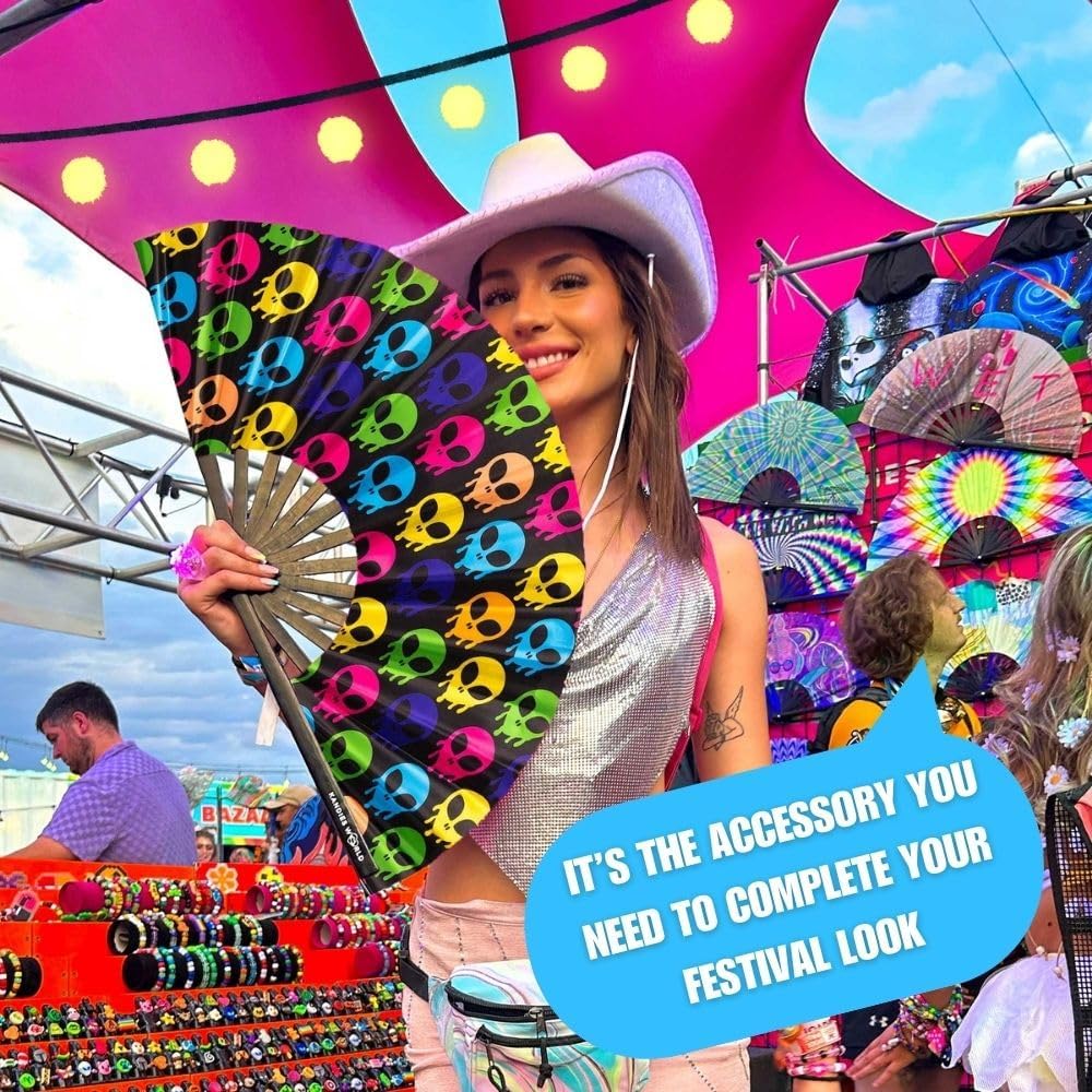 Kandies World UV Reactive Custom Festival Folding Hand Fan - Unique Designs, Made of Bamboo, Clacking Sound, Lightweight - Perfect Rave and Festival Accessory!