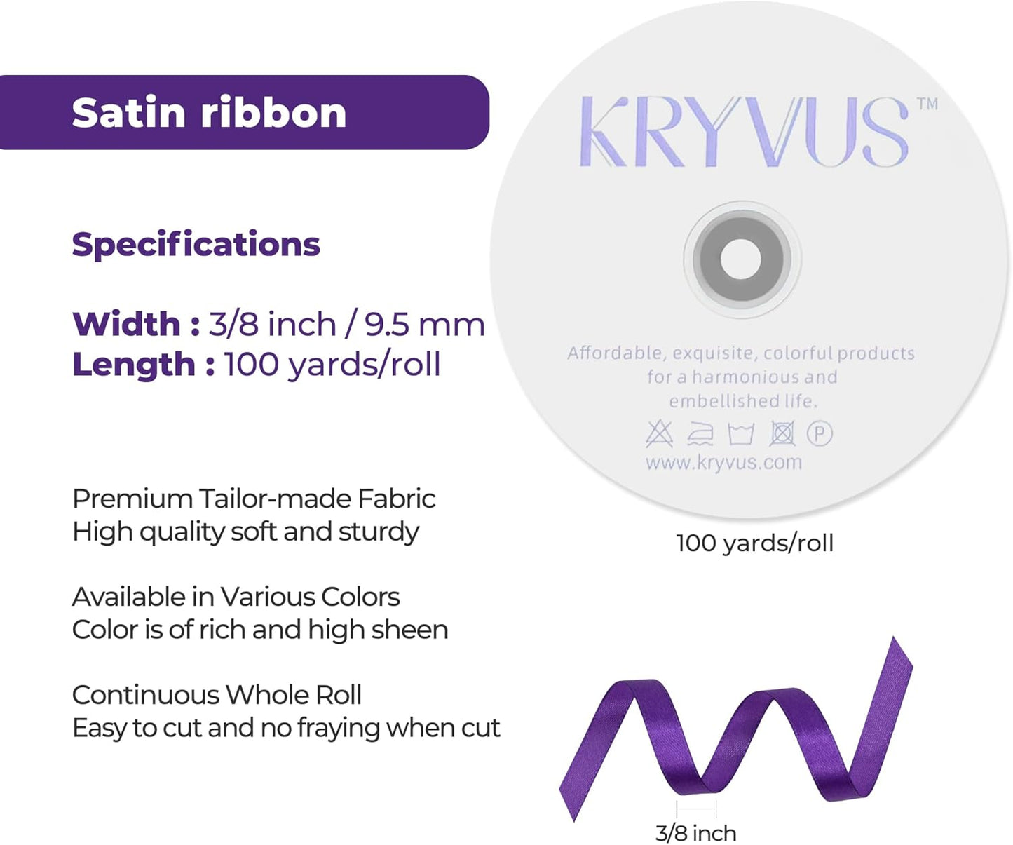 Purple Satin Ribbon 3/8 inch X Continuous 100 Yards, Single Face Polyester Ribbon Perfect for Gift Wrapping, Flower Bouquet, Wedding Decor, Crafts, Bow Making, Sewing and More