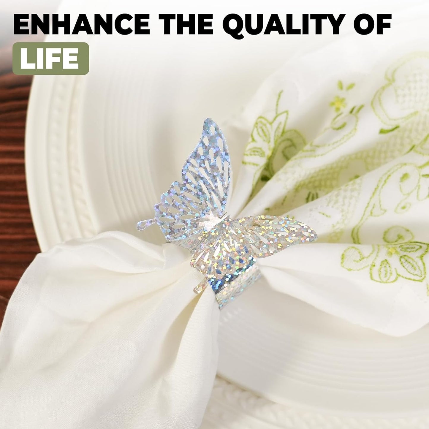 100 Pcs 3D Silver Iridescent Butterfly Napkin Rings Silverware Wraps Bands,Table Setup Sequined Wedding Valentines Day Event Party Supply Settings, Glossy Serviette Buckles Decoration(Silver)