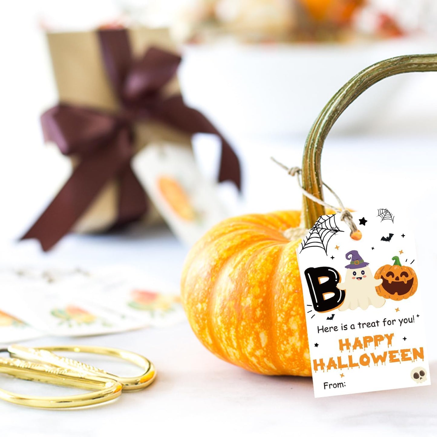 50pcs Boo Halloween Favor Tags, Halloween Class Gift Tags for Spooky Ghost Party Favor and Gift Wrapping Decoration (Happy)