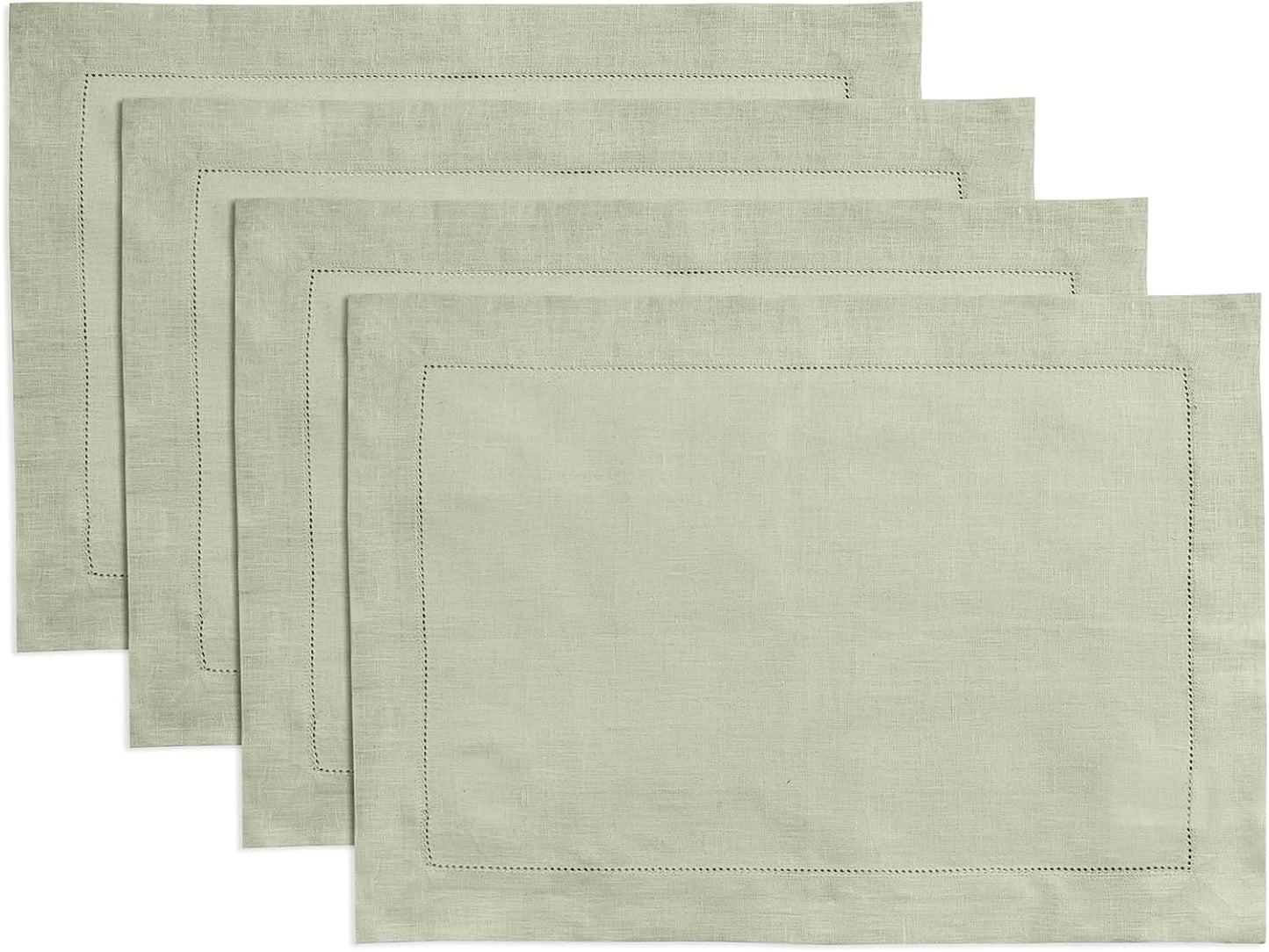 100% Pure Linen Sage Green Placemats 14 x 19 Inch - Hemstitch Christmas Dinner Placemat Set of 4 - Elegant Cloth Fabric Table Mats for Thanksgiving, Winter, New Year - Elara