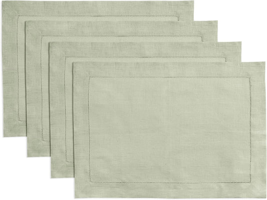 100% Pure Linen Sage Green Placemats 14 x 19 Inch - Hemstitch Christmas Dinner Placemat Set of 4 - Elegant Cloth Fabric Table Mats for Thanksgiving, Winter, New Year - Elara