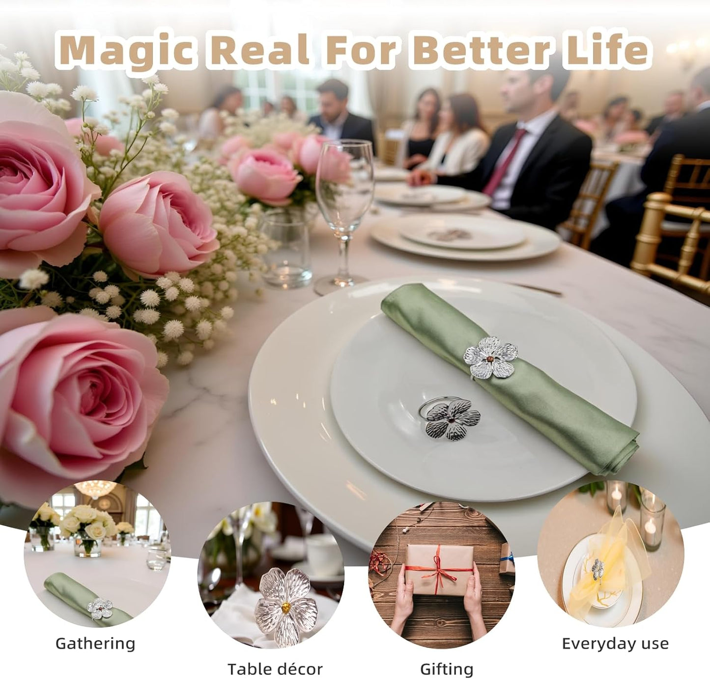 Flower Napkin Rings Set of 50, Plum Blossom Napkin Ring Silver Floral Holder for Wedding Season Banquet Party Décor Holiday Dinner Delicate Serviette Buckles Table Setting (Silver 50)