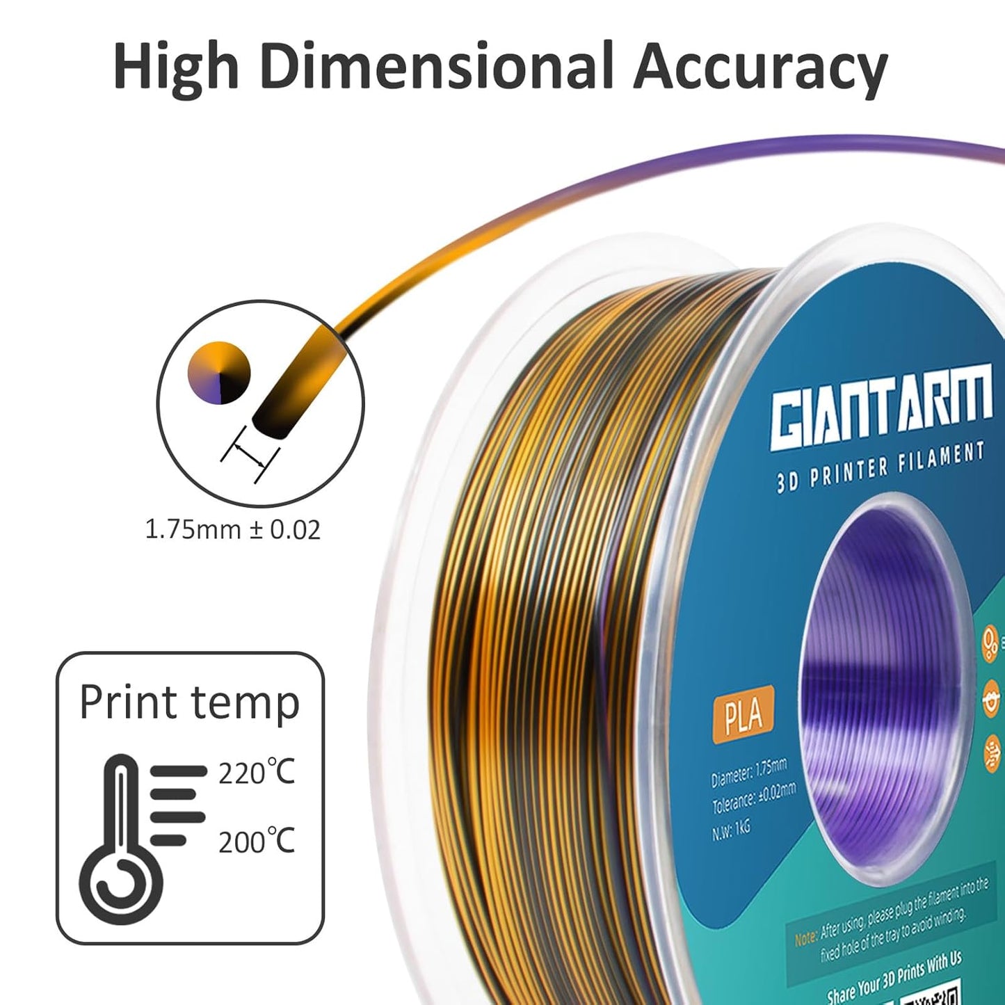 GIANTARM Silk PLA 3D Printer Filament, Tri-Color 3D Printing PLA Filament 1.75mm, Shiny Silk PLA, Dimensional Accuracy +/- 0.03 mm, 1kg/2.2lbs (Purple+Gold+Black)