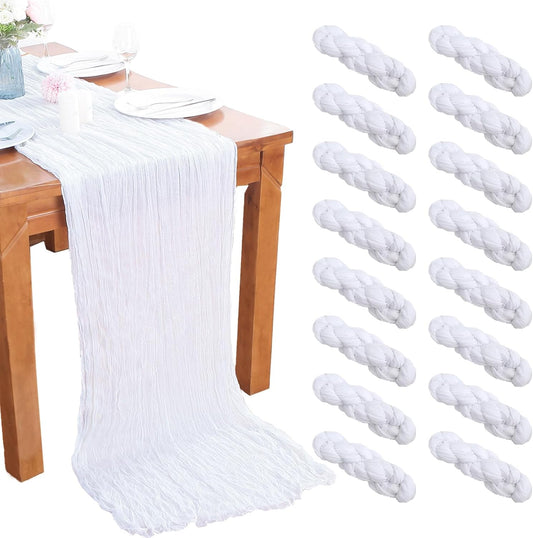 16PCS White Cheesecloth Table Runner 10FT 35x120Inch Boho Gauze Cloth Long Rustic Sheer for Wedding Party Baby Bridal Shower Decor
