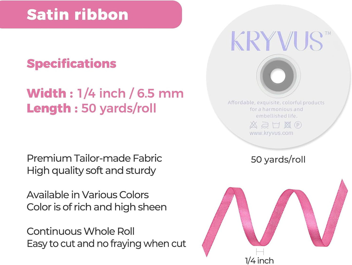 Hot Pink Satin Ribbon 1/4 inch X Continuous 50 Yards, Single Face Polyester Ribbon Perfect for Gift Wrapping, Flower Bouquet, Wedding Decor, Crafts, Bow Making, Sewing and More