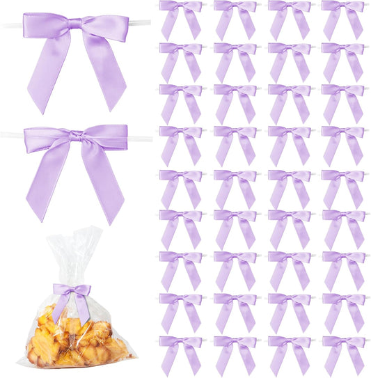 50Pcs Lilac Twist Tie Bows for Gift Wrapping 2.5" Satin Ribbon Bow for Treat Bags Cake Balloons Birthday Party Favors Wedding Decorations