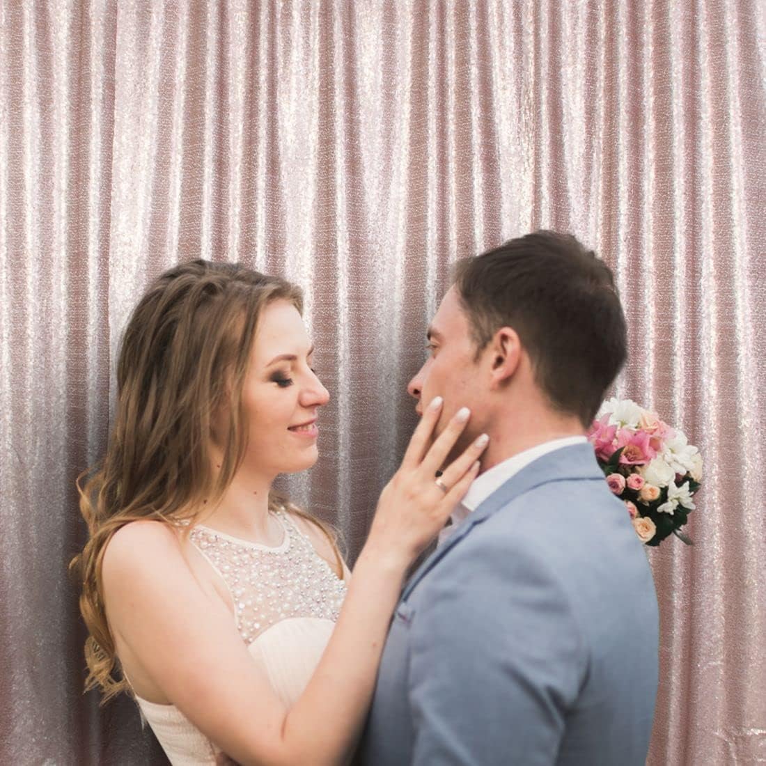 Poise3EHome 8Ft x 8Ft Champagne Sequin Backdrop, Glitter Thick Satin Sequin Background Drapes, Sequence Xmas Thanksgiving Backdrop for Wedding Party Holiday Festival Decor