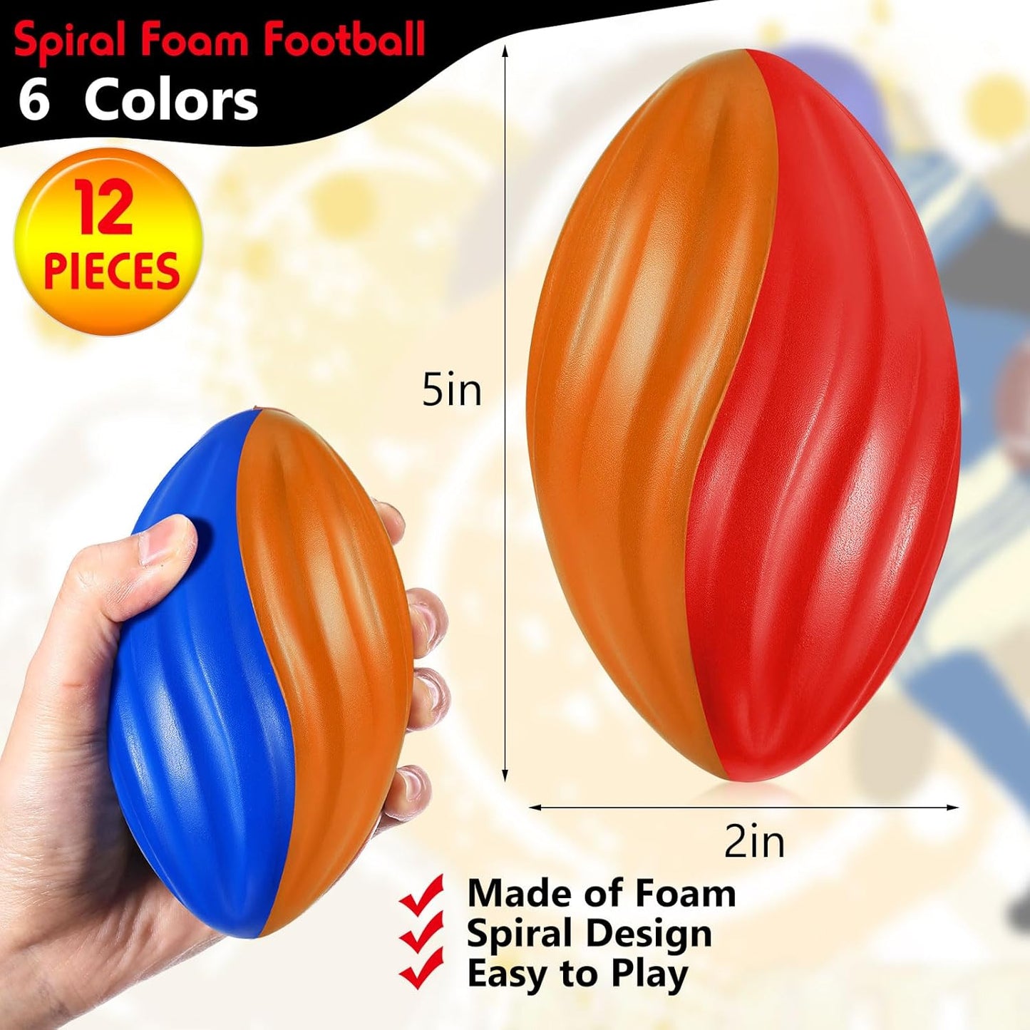 Jerify 12 Pcs Mini Footballs for Kids Spiral Foam Football Bulk 5 Inch Soft Small Waterproof Foam Ball Sports Birthday Toddler Football for Indoor and Outdoor Game(Festive Color)