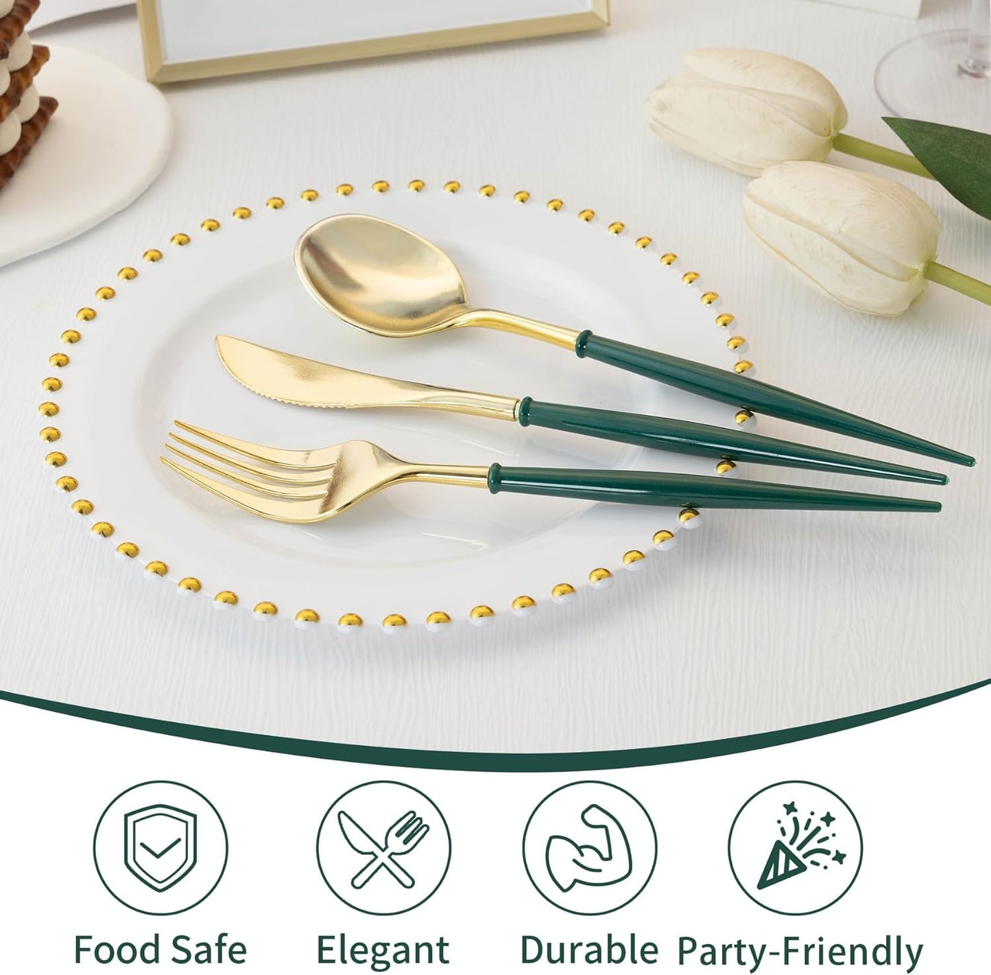 Lullaby 150PCS Gold Plastic Silverware - Disposable Flatware with Green Handles, Includes 50 Knives, 50 Forks, 50 Spoons, Perfect for Birthdays, Weddings, Picnics