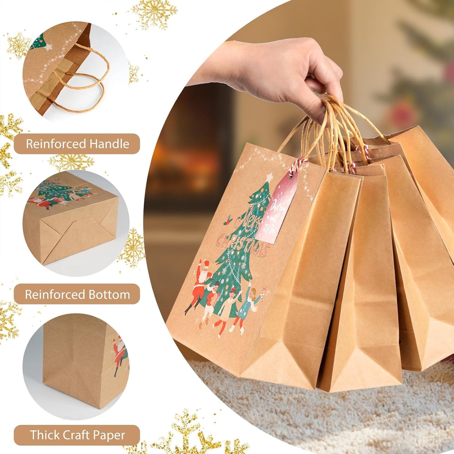 LYLIN 12Pcs Kraft Christmas Gift Bags with Handles, Small Xmas Treat Bags Reusable Gift Bags for Wrapping Gifts, Party Favors and Holiday Decor