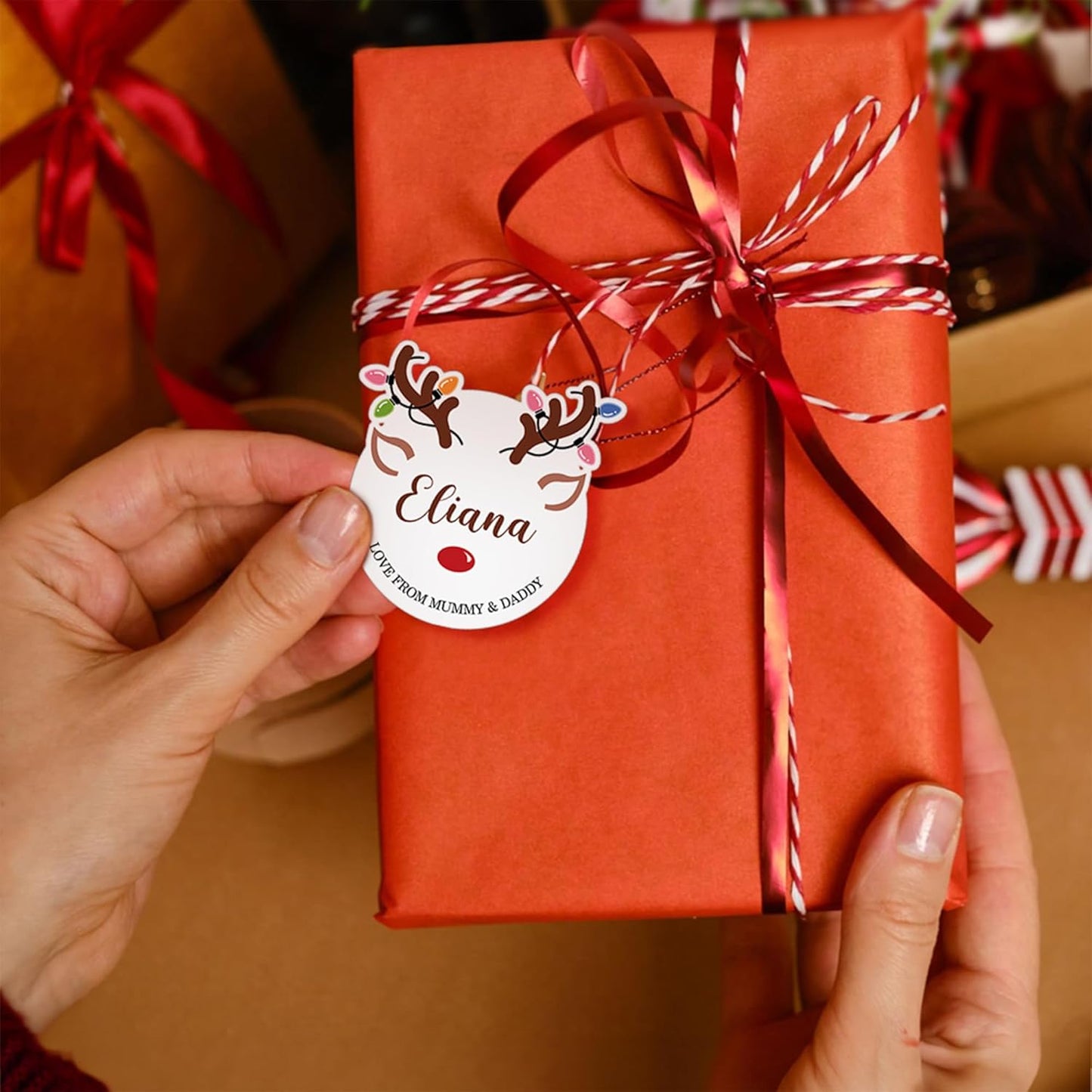 CALLIE Personalized Christmas Stickers with Custom Name, Waterproof Custom Christmas Name Tags Stickers, Peel and Stick Christmas Gift Tags ﻿(Cute Christmas Reindeer)