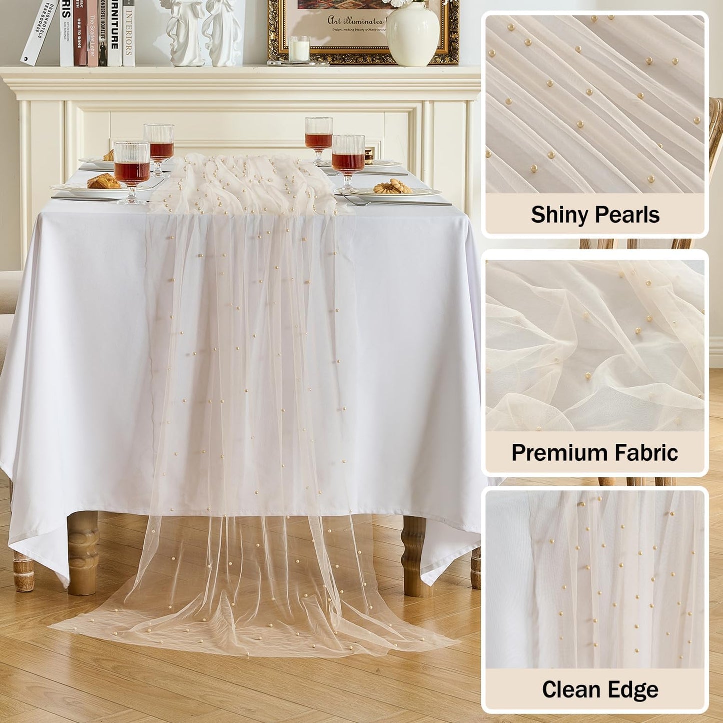Fanami 3 Pack Pearl Table Runner -10FT Champagne Gold Boho Tulle Table Runners 120 Inches Long Rustic Sheer Lace Fabric Centerpieces for Wedding Arch Birthday Party Bridal Veil Baby Shower Decorations