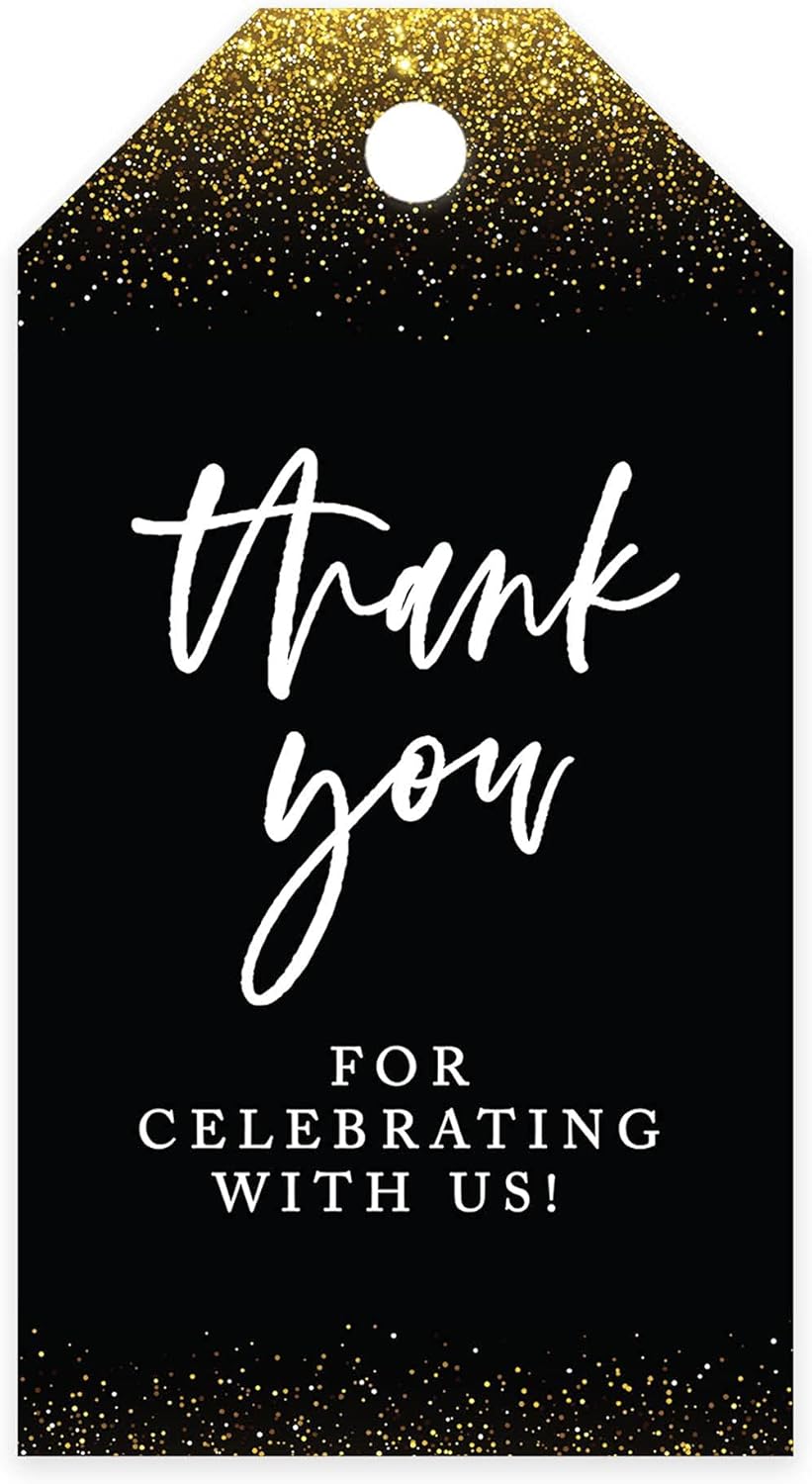 Andaz Press 100-Pack Thank You for Celebrating with Us Favor Tags Gold Glitter with Black Cardstock Gift Tags with Bakers Twine for Wedding Baby Shower Bridal Shower Party Favors 2 x 3.75-Inches