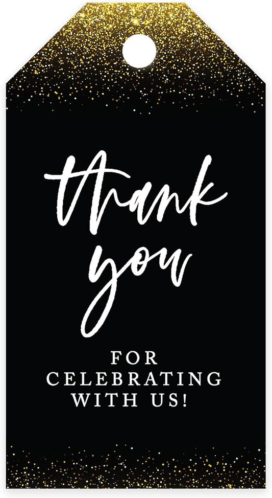 Andaz Press 100-Pack Thank You for Celebrating with Us Favor Tags Gold Glitter with Black Cardstock Gift Tags with Bakers Twine for Wedding Baby Shower Bridal Shower Party Favors 2 x 3.75-Inches