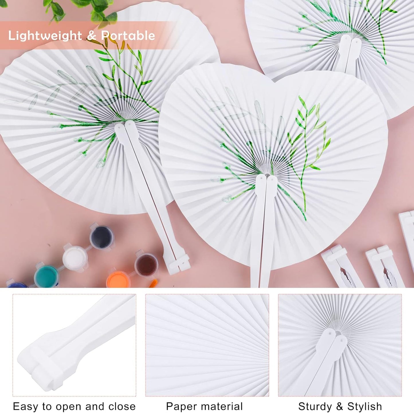 Aodaer 72 Pack Heart Shaped Folding Fans White Paper Fans Handheld Fans with Plastic Handles for Party, Wedding, Anniversary Decoration