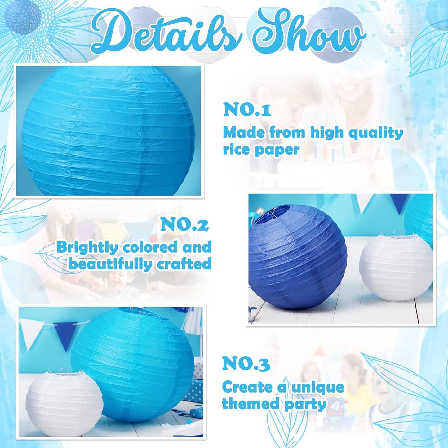 Riakrum 16 Pcs Blue and White Paper Lanterns Birthday Party Decorations Mixed Size 6'' 8'' 10'' 12'' Colorful Chinese Hanging Paper Lanterns for Wedding Home Decorations Supplies