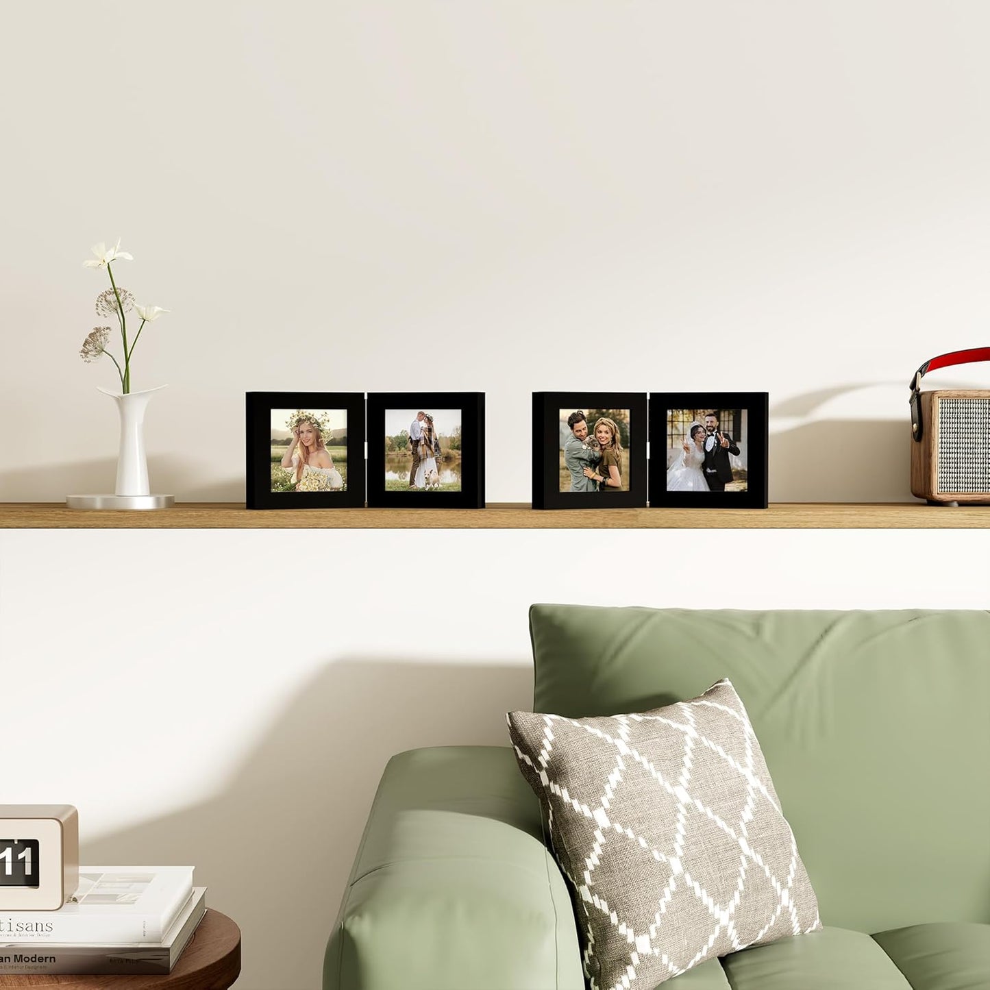 decorUhome Double 4x4 Picture Frame Vertical, Engineered Wood Bifold Photo Frame with Plexiglass for Tabletop Display, 4x4, Black