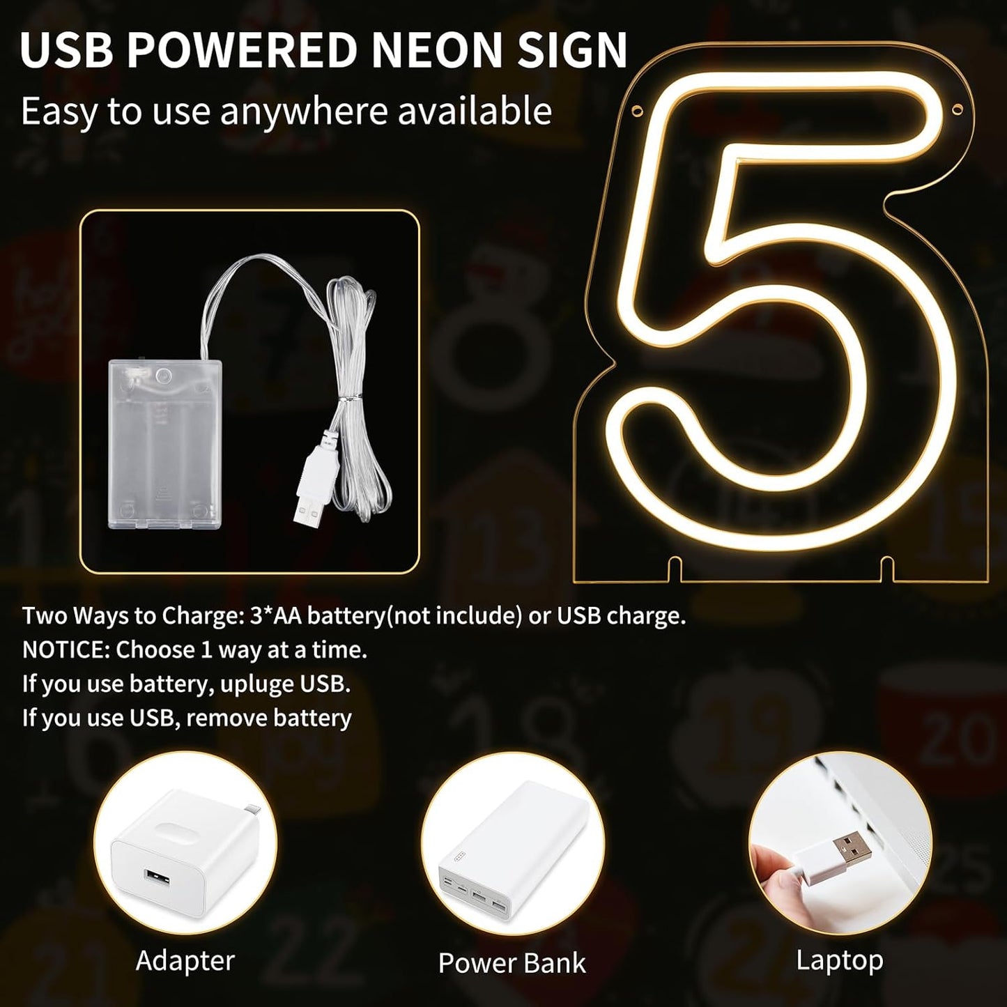 Number 5 LED Neon Sign Backdrop Birthday Party Decoration, 11.3" Height Warm White Marquee Number Five Light Up Sign for Wedding Anniversary Window Wall Table, Indoor Battery Operated or USB