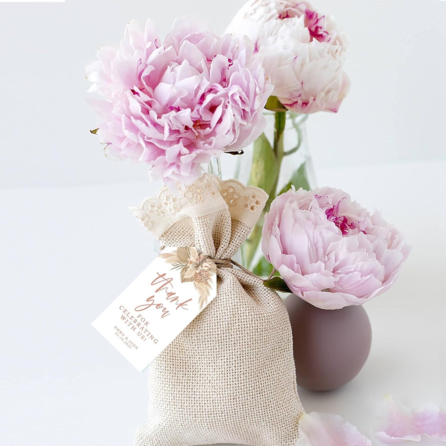 Andaz Press 100 Pack Personalized Thank You Tags with Boho Design, Dried Palms - Boho Custom Wedding Gift Tags for Wedding Party Favors - 2 x 3.75-Inches