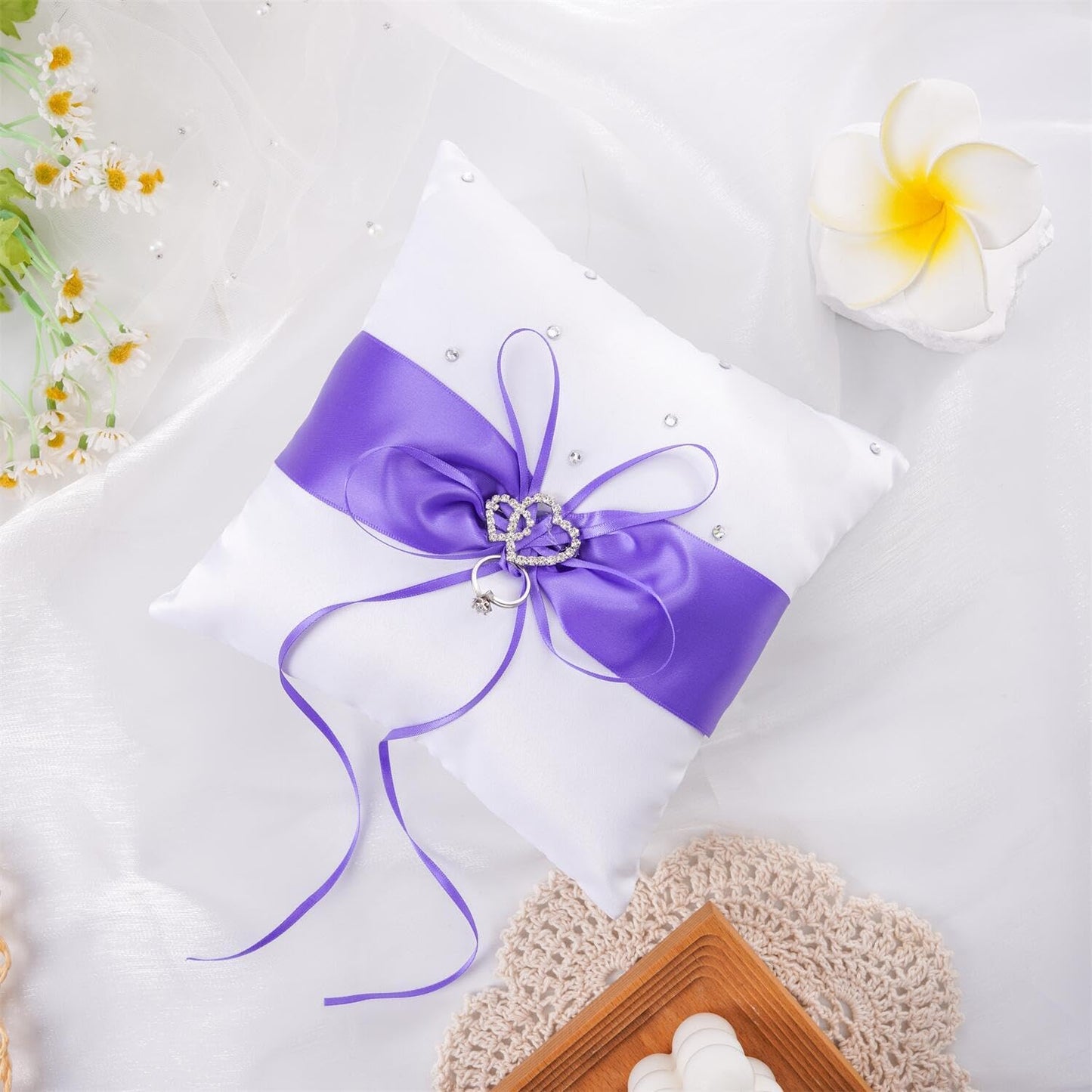 QIRMIZI Ring Pillow,Pearls Ring Cushion, Ring Bearer, Ring Holder for Beach Wedding, Wedding Ceremony, Proposal,Purple