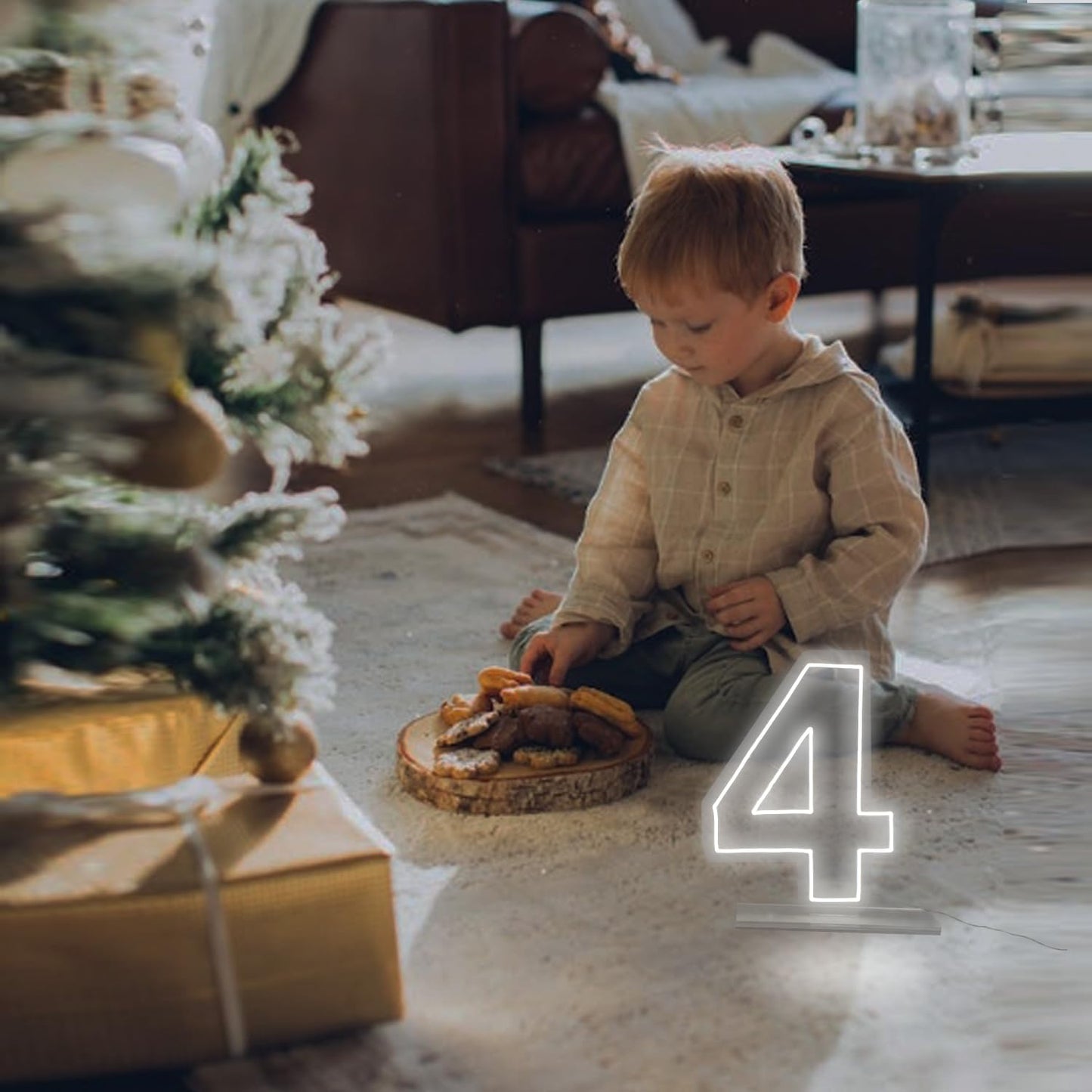 Number 4 Neon Sign for Birthday, 16.54" Cool White USB Battery Powered One Neon Sign for Party Wedding Anniversary Decor Light Sign (Number 4)