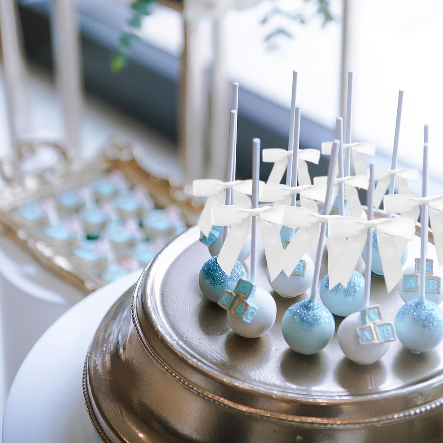 50Pcs White Twist Tie Bows for Gift Wrapping 2.5" Satin Ribbon Bow for Treat Bags Balloons Birthday Party Favors Wedding Decorations