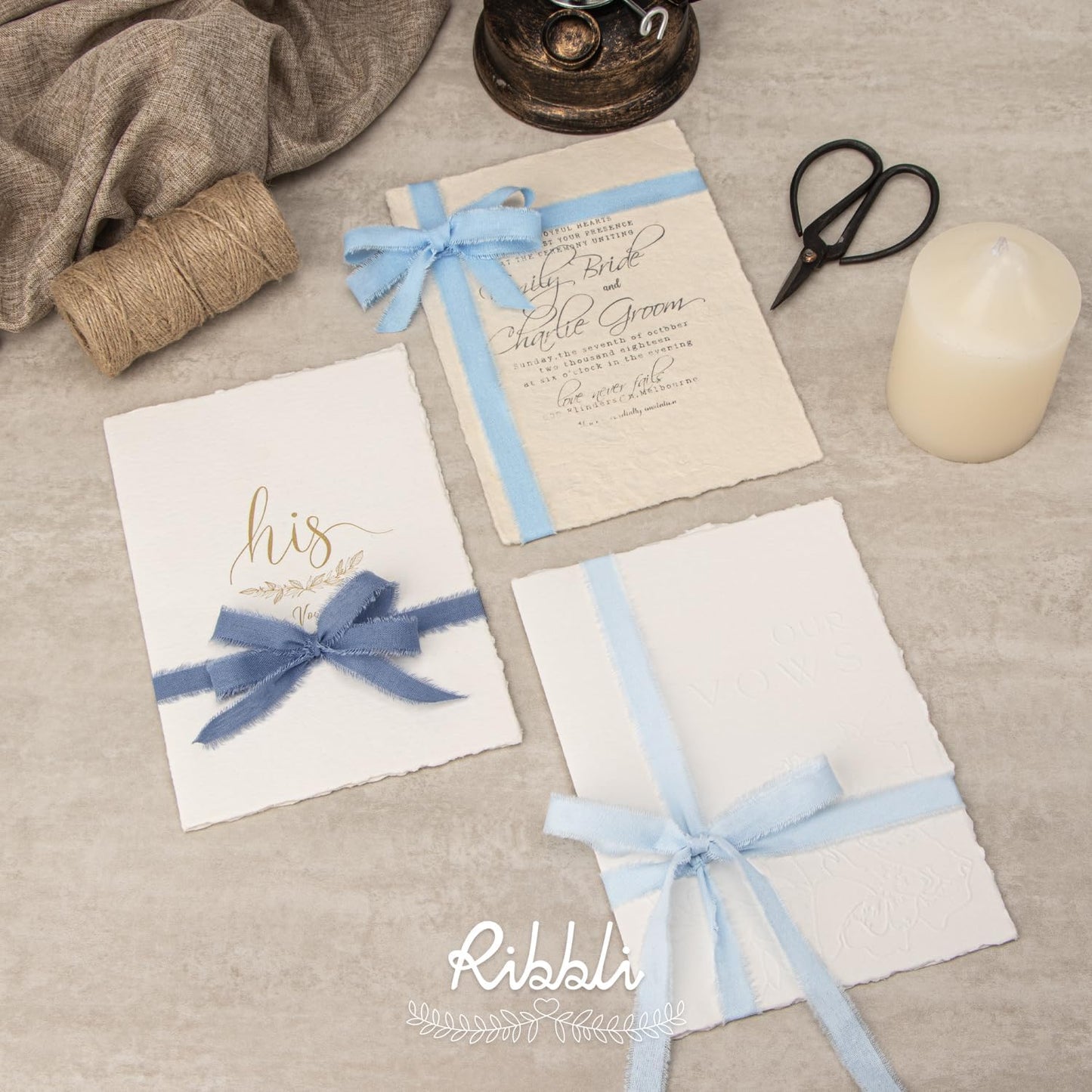 Ribbli 3 Rolls Blue Ribbon 5/8 Inch x 18Yards Light Blue Baby Blue Dusty Blue Handmade Cotton Frayed Fringe Ribbons for Gift Wrapping Wedding Invites Bridal Bouquets Baby Shower DIY Crafts Home Decor