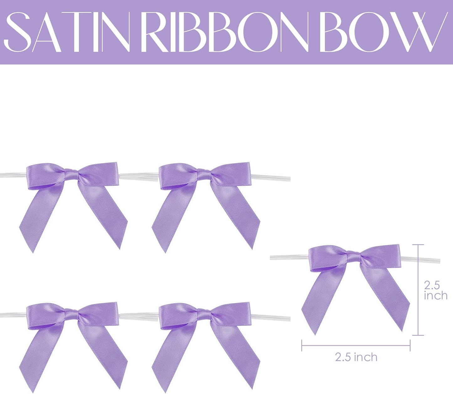 AIMUDI Lavender Satin Ribbon Twist Tie Bows 2.5" Purple Pretied Bows Premade Craft Bows for Treat Bags Cake Pop Gift Wrapping Basket Wedding Favors Cookie Candy Bagging Baby Shower - 50 Counts
