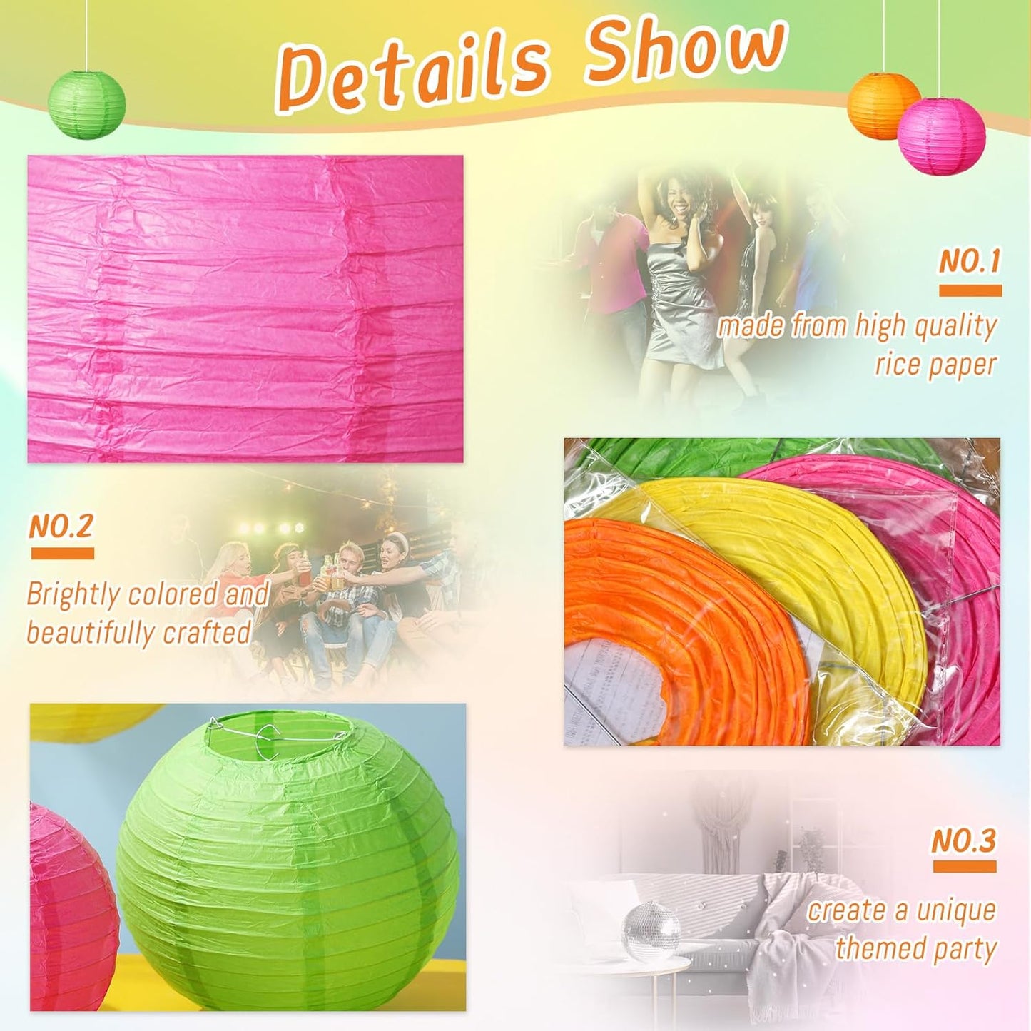 Riakrum 16 Pcs Neon Themed Paper Lanterns Birthday Party Decorations Mixed Size 6'' 8'' 10'' 12'' Colorful Chinese Hanging Paper Lanterns for Wedding Home Decorations Supplies